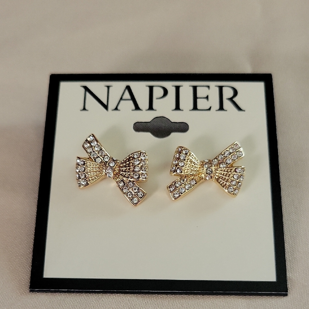 Napier Gold Bow Earrings. With Crystals. NWT - Picture 1 of 7